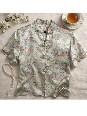 Peony Asian Silk 34 Blouse Multicolor Short Sleeve Frog Buttons‎ Vintage